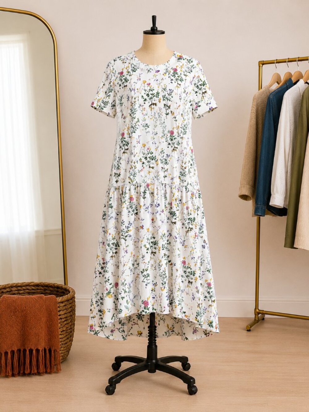 Cynthia Rowley Valery Tee Combo Drop Waist Dress in White Floral | Size Small